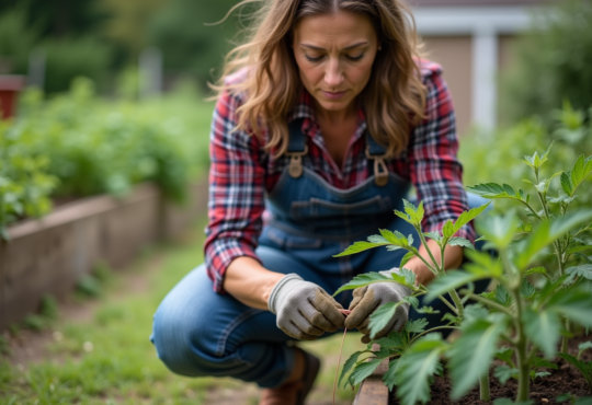 Femme jardiniere en plaid enroulant du fil de cuivre sur une tomate