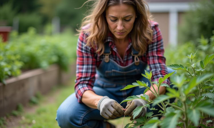 Femme jardiniere en plaid enroulant du fil de cuivre sur une tomate