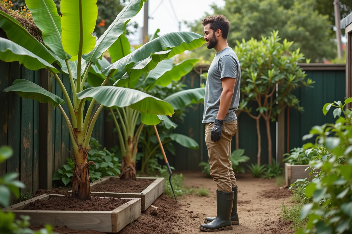 Jardinier admirant un bananier fraîchement planté dans un petit jardin bien aménagé avec outils de jardinage