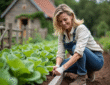Femme d'âge moyen posant des bordures en bois dans son jardin potager