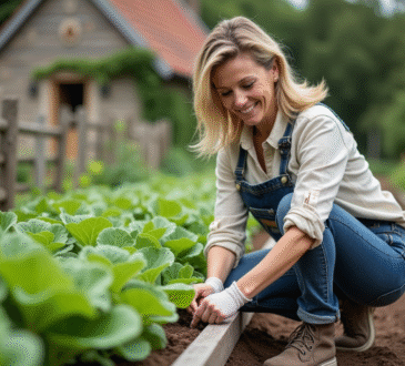 Femme d'âge moyen posant des bordures en bois dans son jardin potager