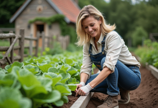Femme d'âge moyen posant des bordures en bois dans son jardin potager