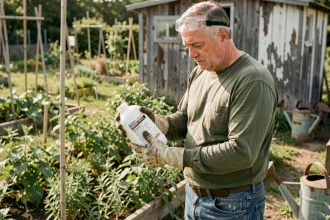 Jardinier lisant attentivement l'étiquette d'un désherbant radical avant utilisation dans son potager