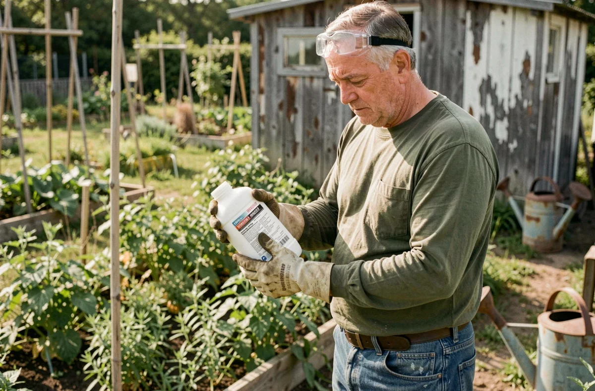 Jardinier lisant attentivement l'étiquette d'un désherbant radical avant utilisation dans son potager