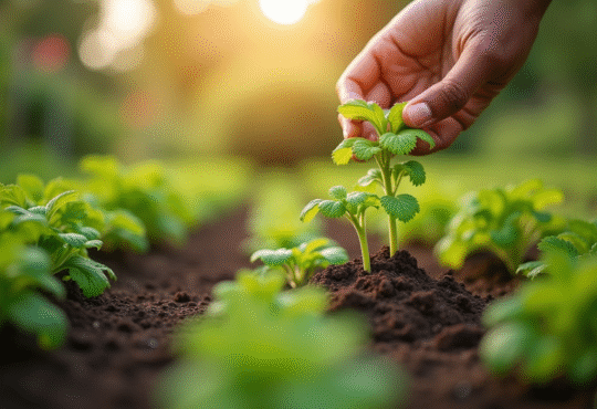 Mains de jardinier arrachant des mauvaises herbes dans un jardin verdoyant
