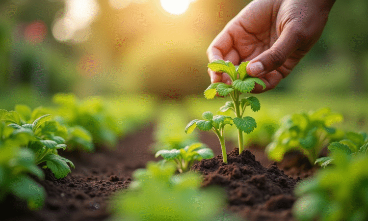 Mains de jardinier arrachant des mauvaises herbes dans un jardin verdoyant