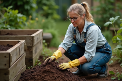 Femme en overalls de jardinage tourne compost dans le jardin
