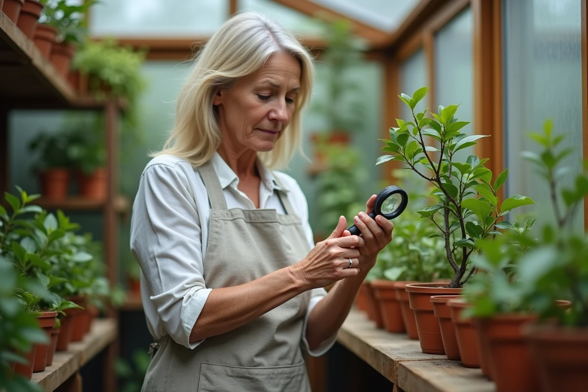 Jardinière inspectant les feuilles tachées d'un citronnier d'intérieur avec une loupe dans une véranda