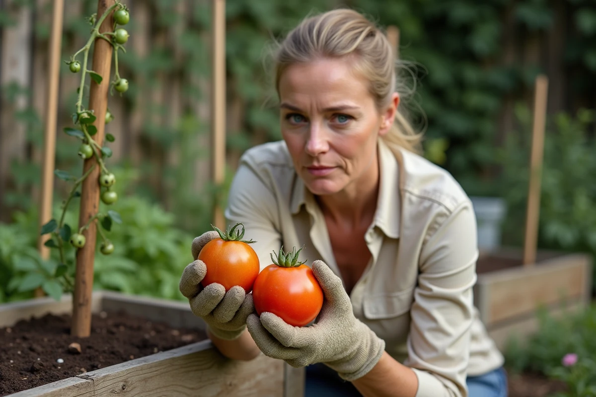 Jardinière examinant une tomate atteinte de nécrose apicale avec tache sombre à la base du fruit dans un potager surélevé