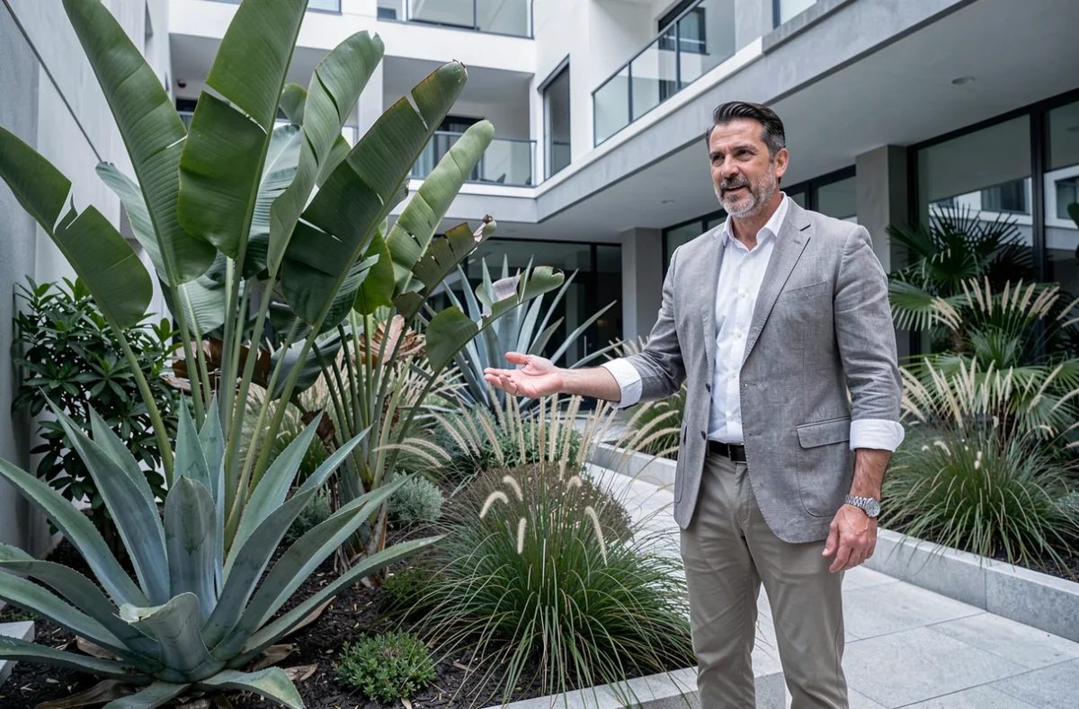 Concepteur paysager de Jardins du Monde présentant un aménagement paysager international et méditerranéen dans une cour moderne à Marseille