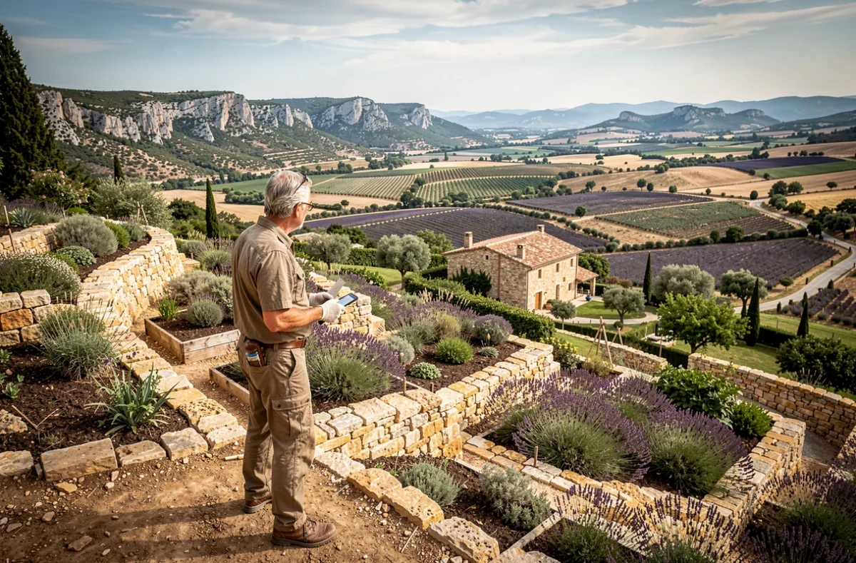 Paysagiste de Jardins Paysages Luberon supervisant un jardin en terrasses avec vue sur le massif du Luberon