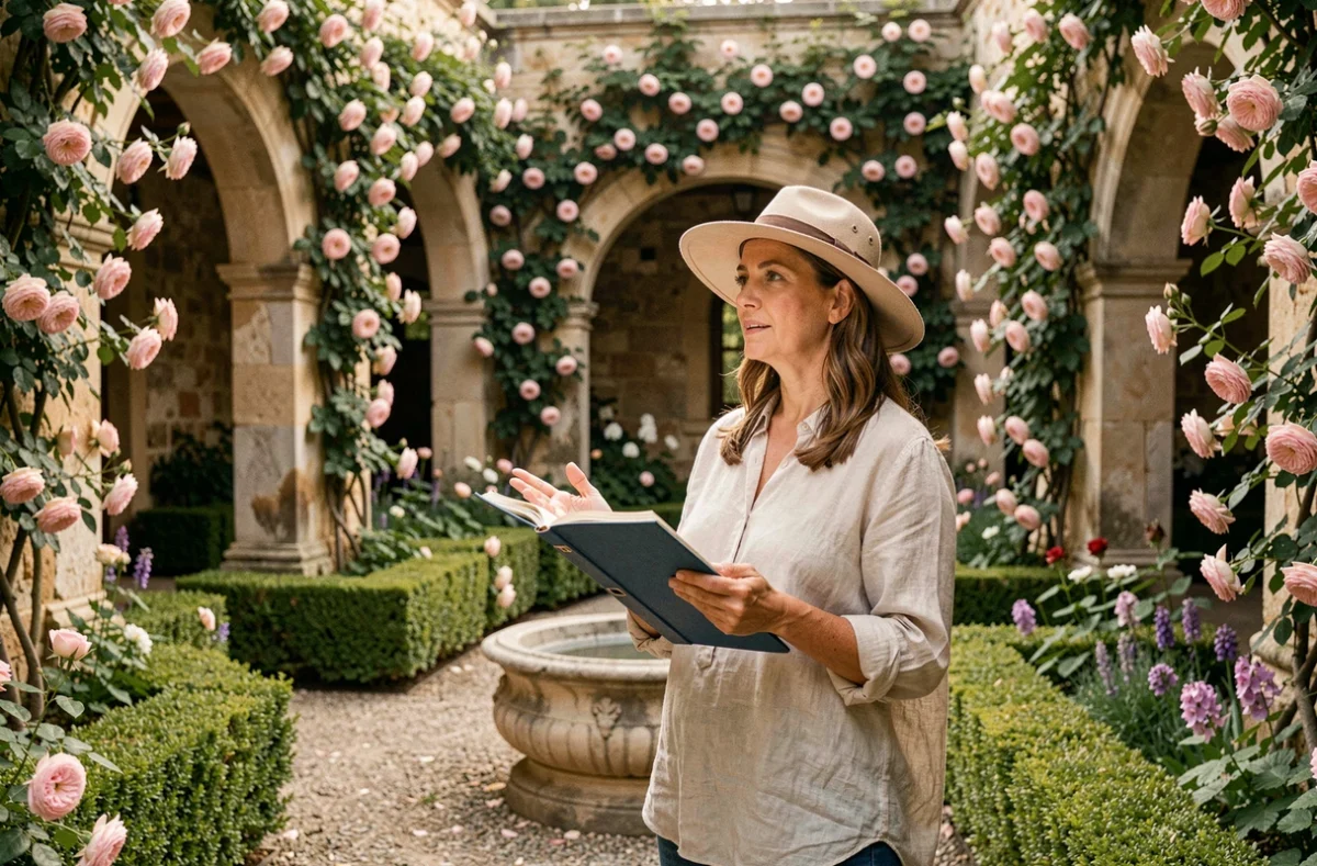 Conceptrice de Jardins Secrets devant un jardin clos romantique avec arches en pierre et rosiers dans le Vaucluse