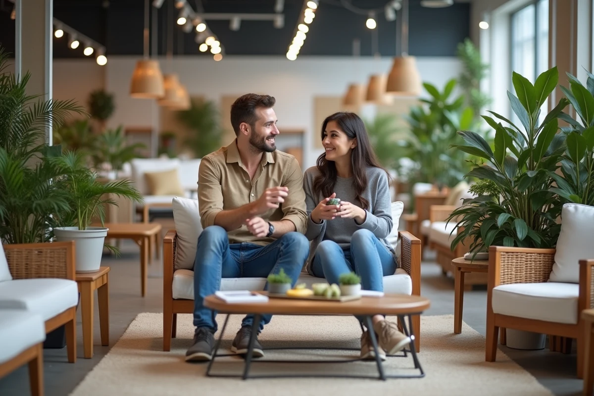 Jeune couple assis sur un salon de jardin en bois dans un showroom