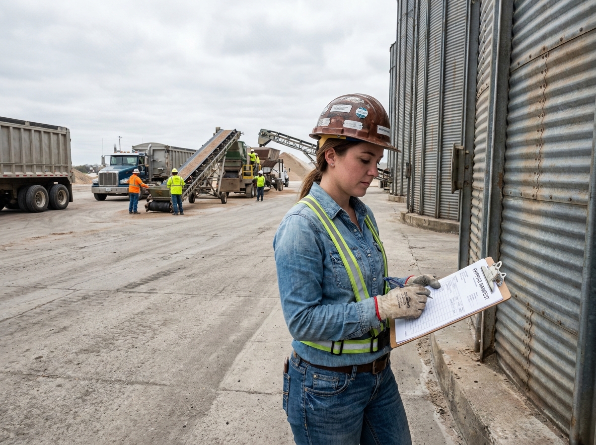 Jeune agronome femme examinant un manifeste près de silos