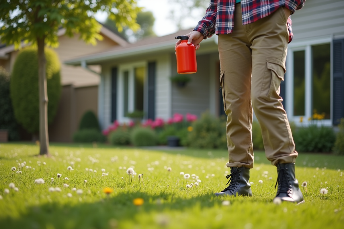 Jeune femme lisant instructions herbicide dans le jardin