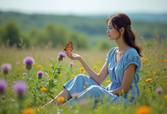 Jeune femme en robe bleue dans un champ de fleurs sauvages