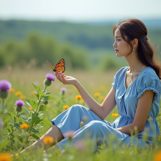 Jeune femme en robe bleue dans un champ de fleurs sauvages