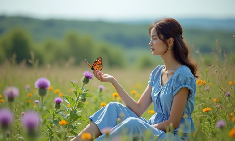 Jeune femme en robe bleue dans un champ de fleurs sauvages