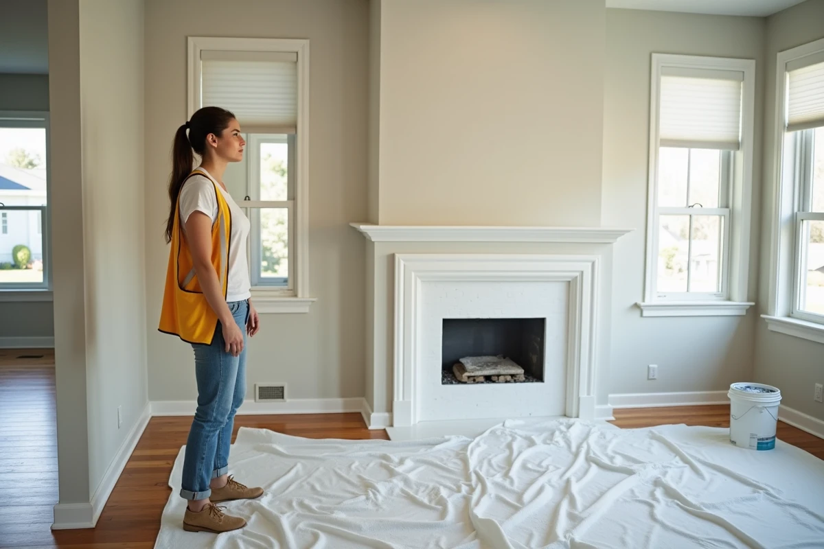 Jeune femme surveillant une pièce fraîchement peinte dans un salon