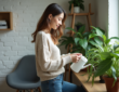 Jeune femme arrosant ses plantes d'intérieur dans un appartement cosy