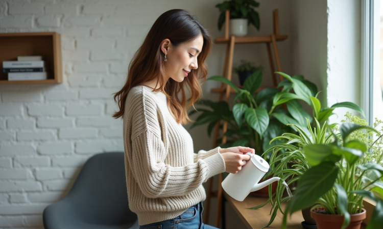 Jeune femme arrosant ses plantes d'intérieur dans un appartement cosy