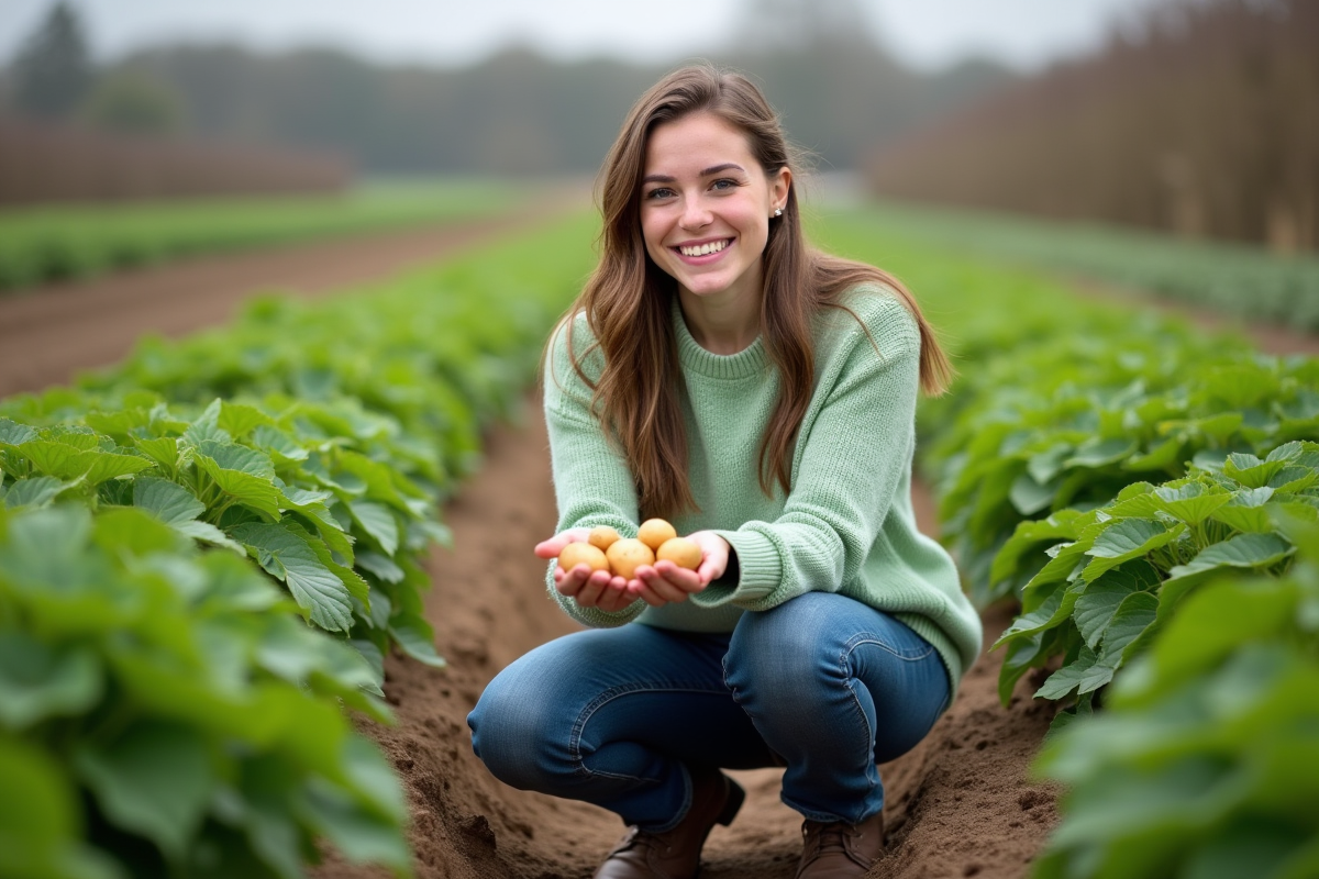 Jeune femme dans un champ de pommes de terre avec C3 et C4