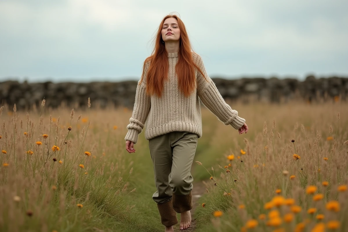 Jeune femme marchant pieds nus dans une prairie sauvage en automne, les yeux fermés dans une posture d'apaisement symbolisant la reconnexion à la terre contre l'éco-anxiété