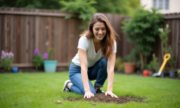 Jeune femme en jeans et t-shirt étalant des graines dans la pelouse