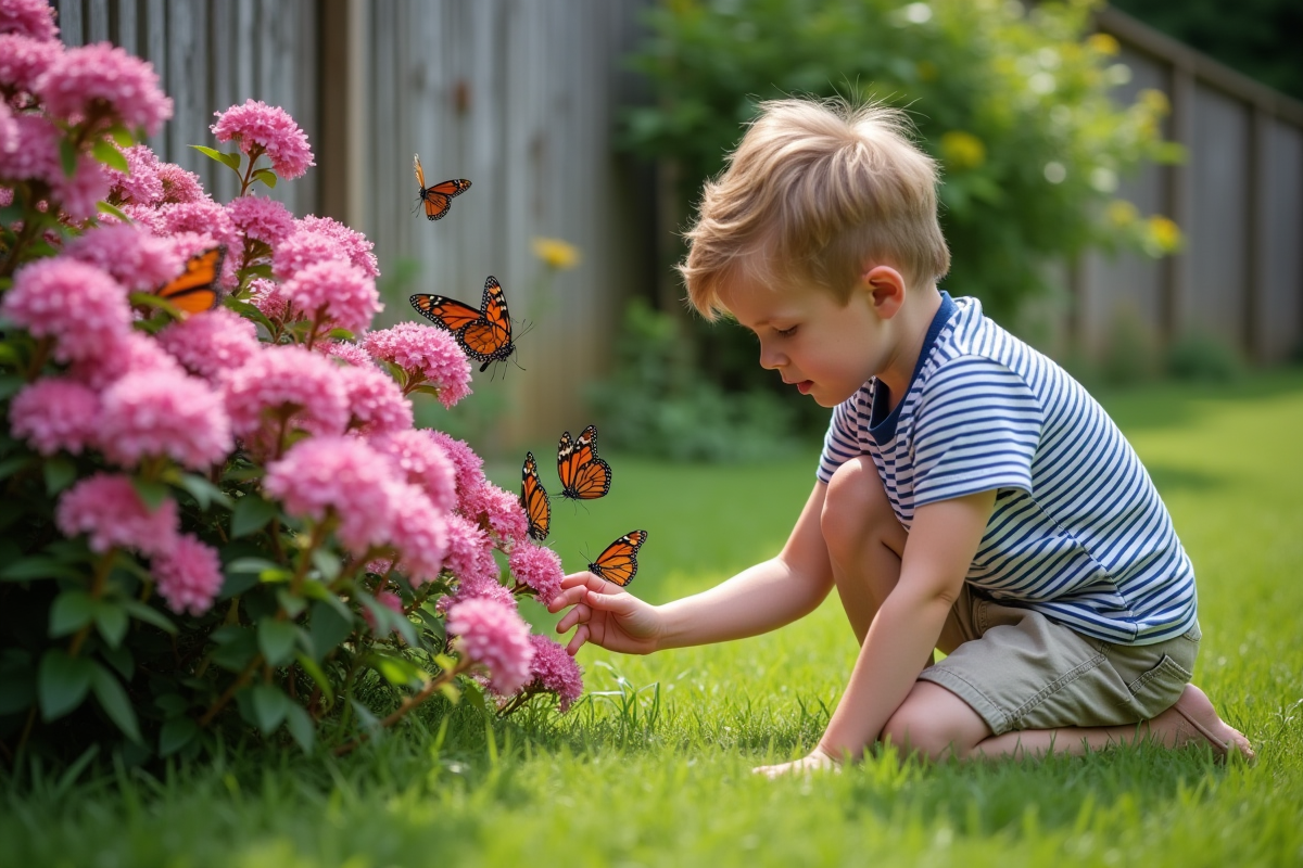 Jeune garçon observe un buisson à papillons roses en été