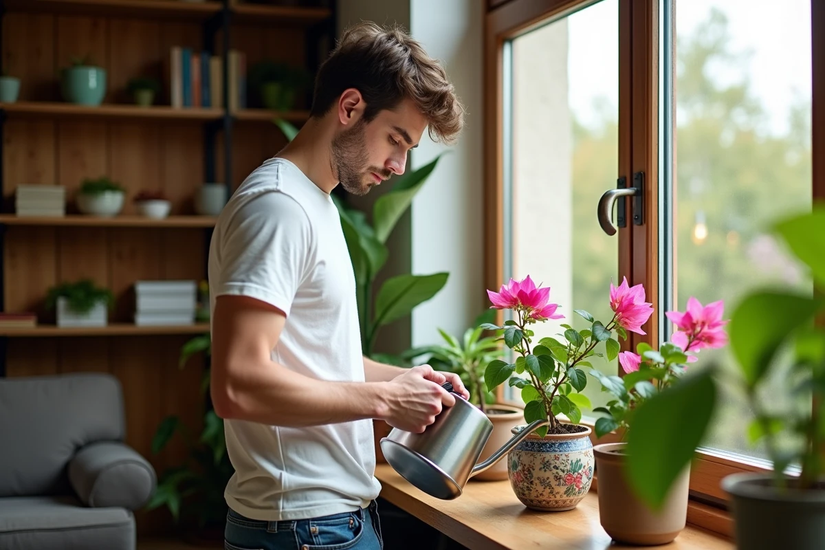 Jeune homme arrosant bougainvillea sur une fenêtre intérieure