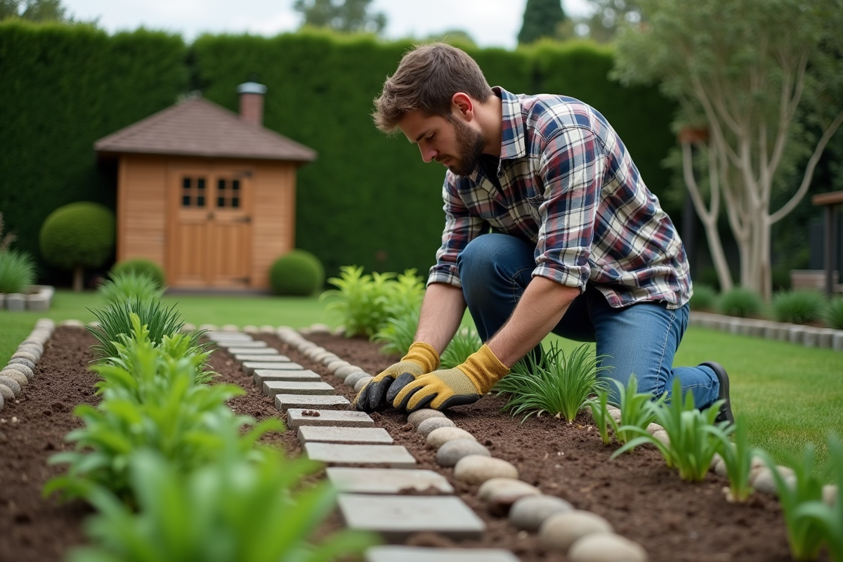 Jeune homme en chemise à carreaux posant des bordures de pierre dans le jardin