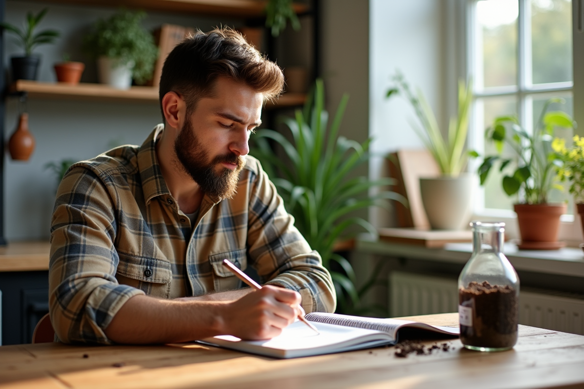 Jeune homme analysant un échantillon de sol intérieur