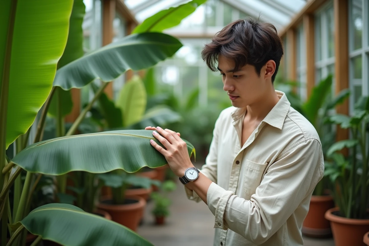 Jeune homme inspecte les feuilles de bananier dans la serre