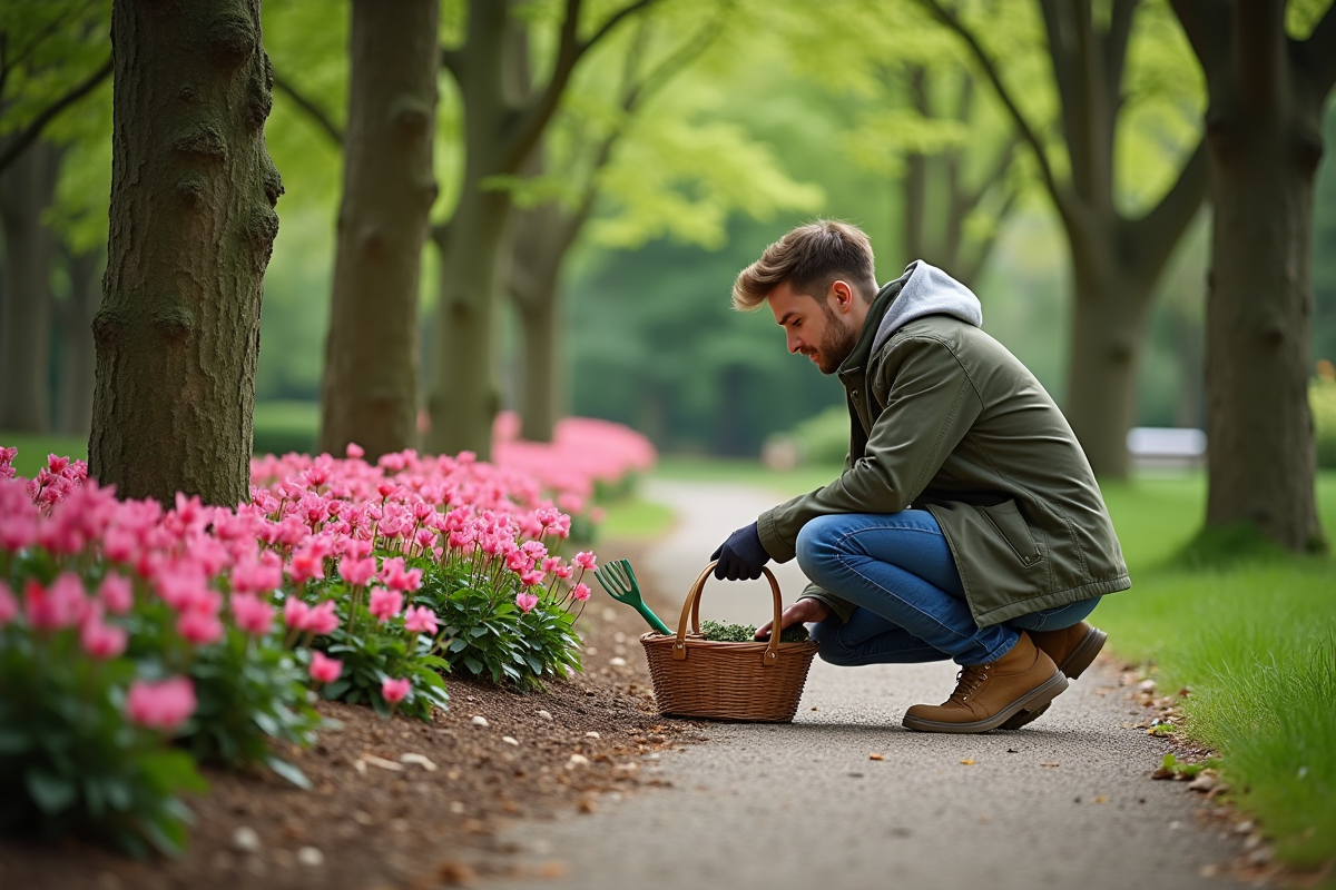 Jeune homme admirant des cyclamens dans un parc