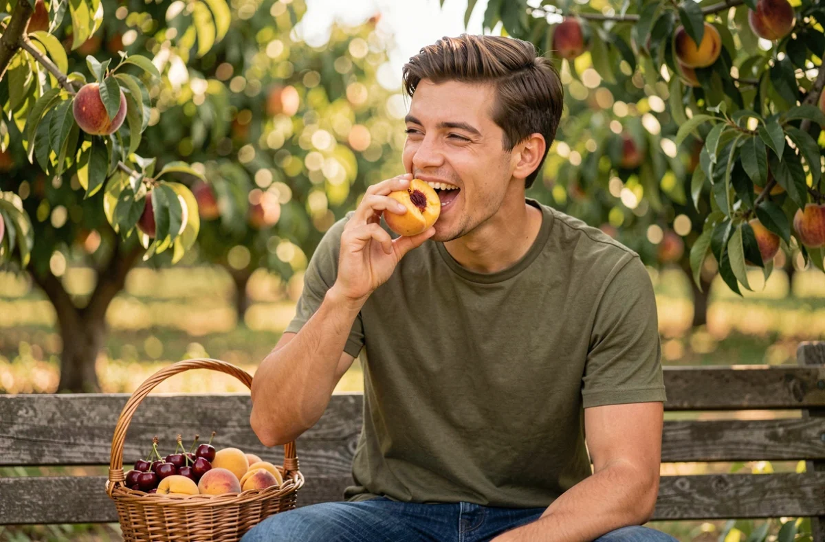 Jeune homme croquant une pêche juteuse dans un verger en été avec un panier de cerises et d'abricots de saison