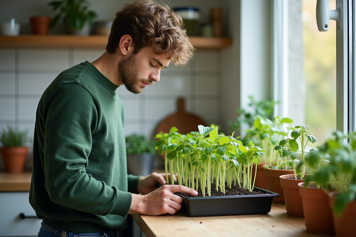 Jeune homme examinant des tubers de dahlia sur une fenêtre de cuisine