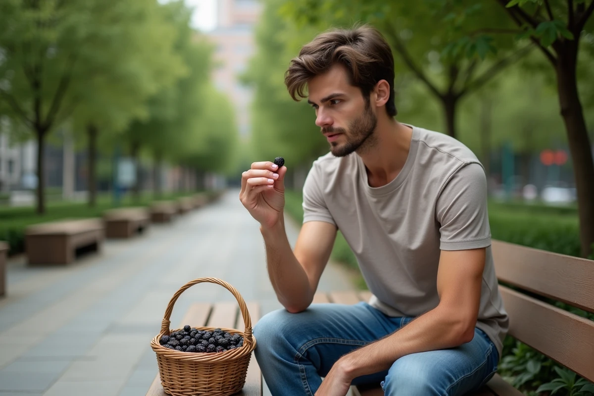 Jeune homme inspectant des mûres dans un jardin urbain