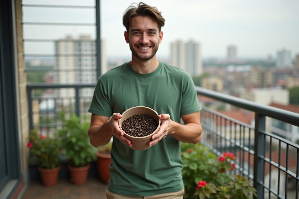 Jeune homme montrant des cailloux dans un pot sur balcon urbain