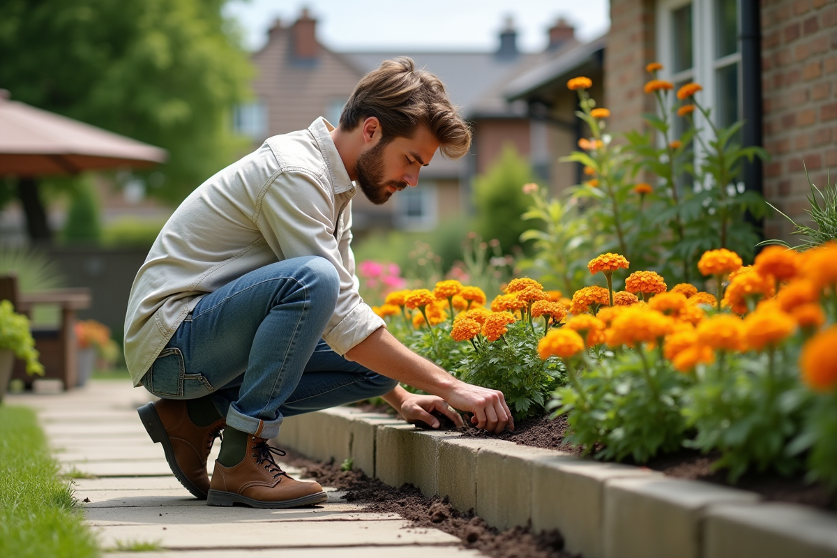 Jeune homme plantant des fleurs dans un jardin extérieur