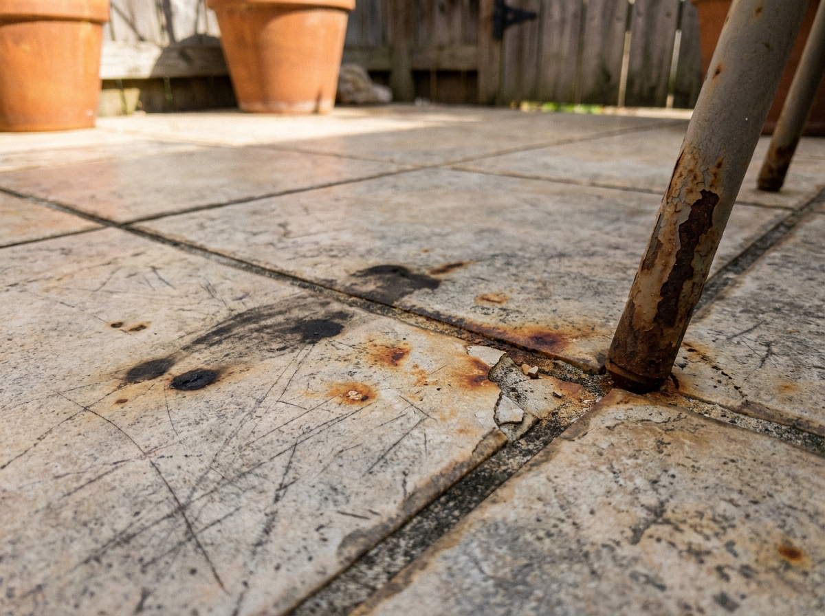 Détail de joints tachés et de carrelage extérieur dégradé avec éclats sur une terrasse