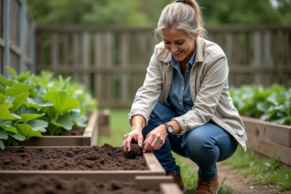 Femme au jardin en train de prélever un échantillon de sol