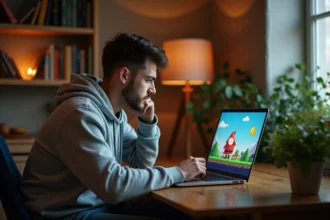 Jeune homme jouant au jeu du nain de jardin Google sur son ordinateur portable dans un bureau à domicile