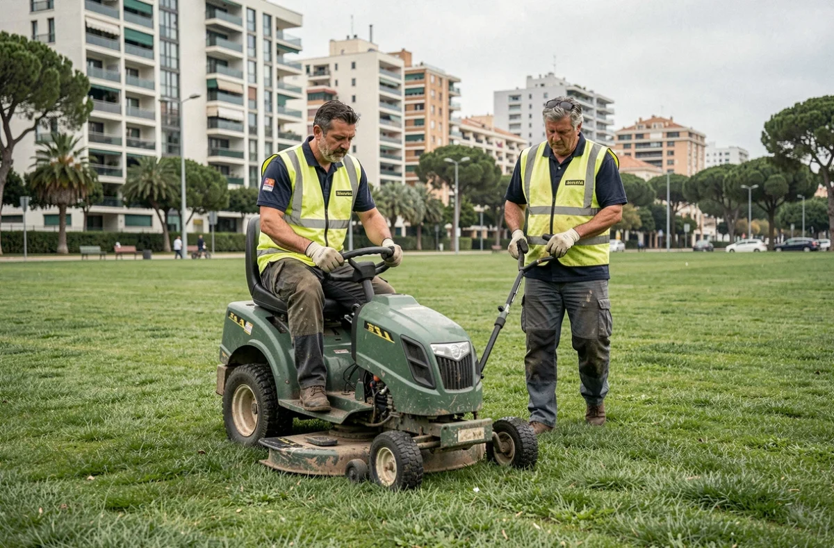 Équipe de La Générale d'Espaces Verts entretenant un grand parc urbain à Marseille avec une tondeuse professionnelle