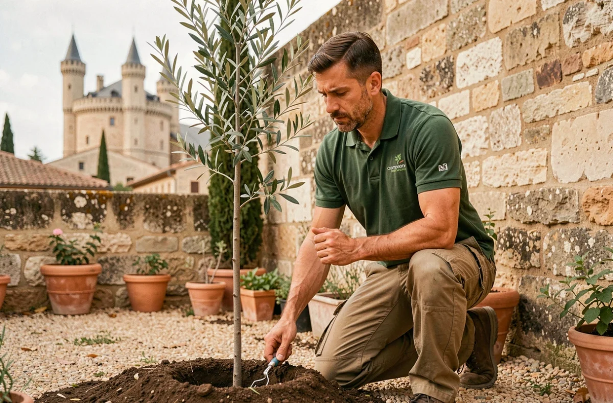 Paysagiste de La Main Verte plantant un olivier dans un jardin en pierre à Avignon avec le Palais des Papes en arrière-plan