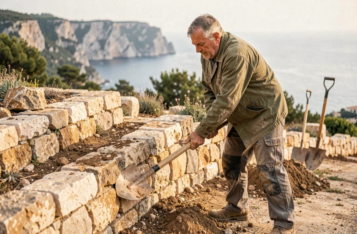 Paysagiste du Canada construisant un mur de soutènement en pierre sèche sur une terrasse de jardin à Marseille avec vue sur les Calanques