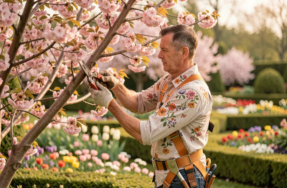 Élagueur de l'entreprise Les Îles Fleuries taillant un cerisier en fleurs dans un jardin aménagé en Gironde