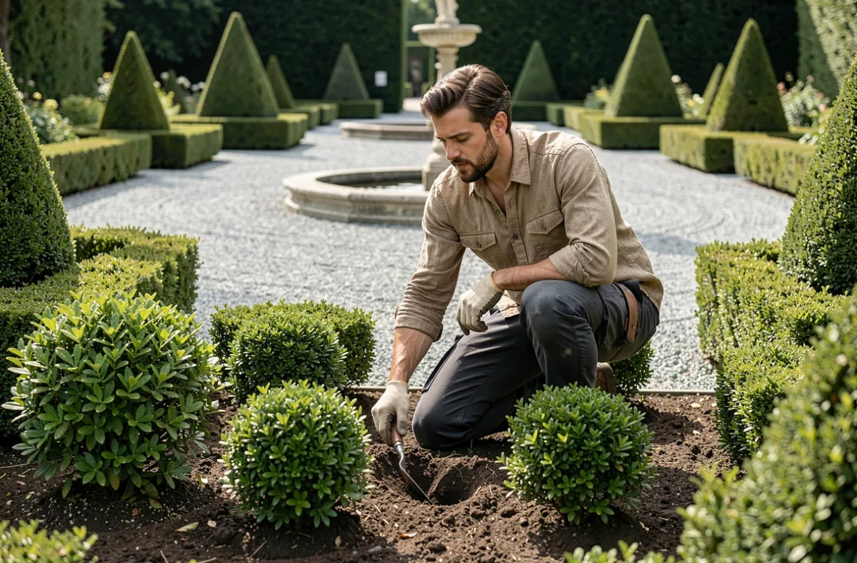 Paysagiste des Jardins d'Alexandre aménageant un parterre formel avec topiaires dans un jardin en Gironde