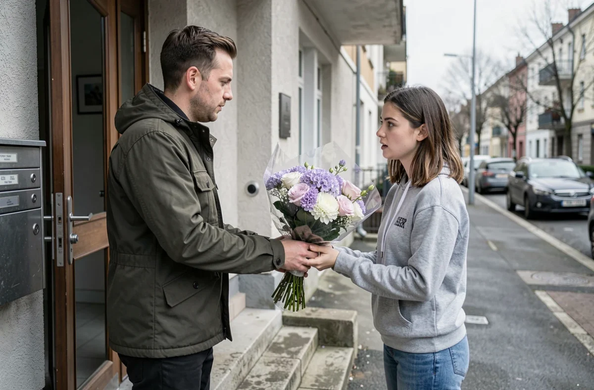 Livreur remettant un bouquet de fleurs à une cliente surprise à la porte de son immeuble, illustrant une erreur de livraison lors d'une commande Promesse de Fleurs