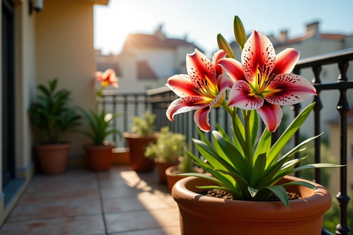 Lys oriental en fleur dans un pot en terre cuite sur un balcon urbain avec rambarde en fer forgé