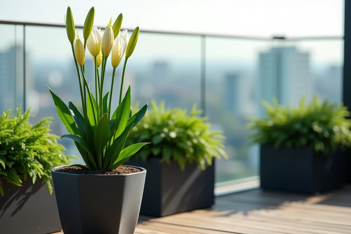 Plant de lys oriental en pot sur une terrasse moderne avec vue sur la ville et fond flou en bokeh